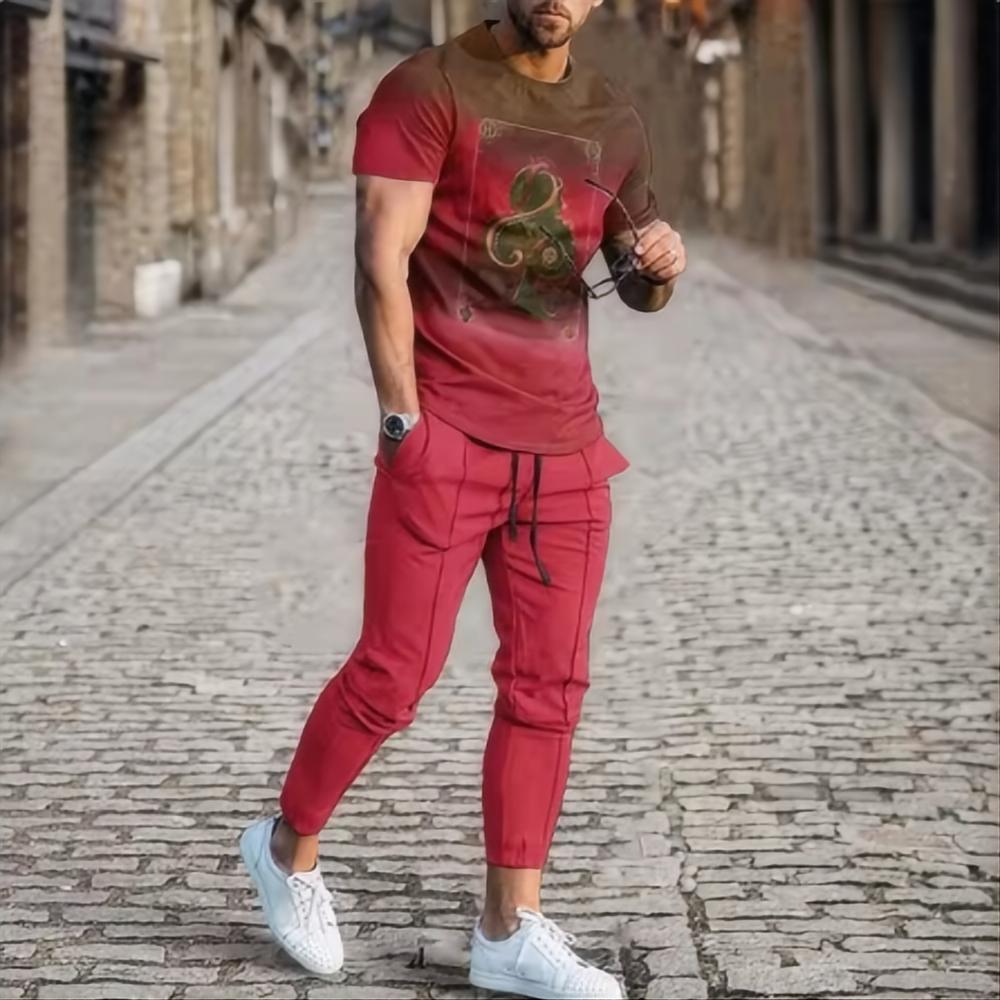 

2024 мужской летний костюм градиентный тренд футболка с короткими рукавами длинные брюки костюм-двойка 3D-принт ретро-стиль круглый вырез уличная одежда 6XL