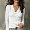 Damen S V-Ausschnitt Langarm Lässig Herbst T-Shirt Top