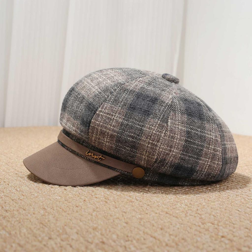 Academy cap plaid newsboy hat retro visor classic PU brim newsboy hat