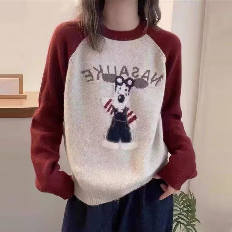 

Autumn/Winter 2025 Alphabet Cartoon Korean Edition Color Contrasting Loose Knitwear Women s Top Round Neck Sweater Bottom Shirt One Size красный