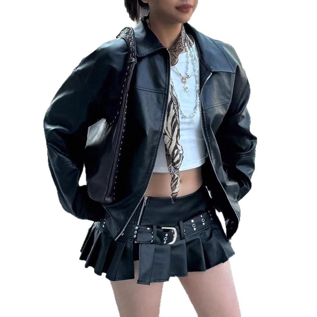 Women's Short Faux Leather Jacket Street Style Zipper PU Leather Riding Jacket Vintage Casual Fashion Jacket  Spot Goods