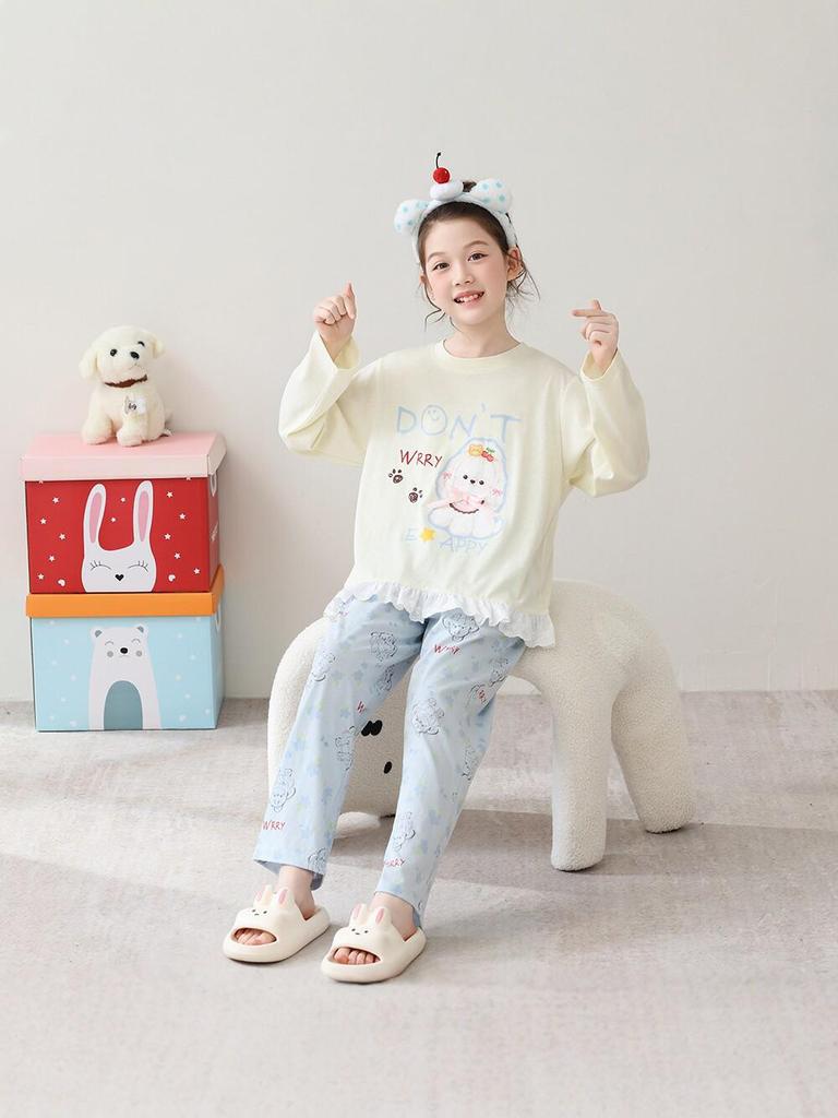 Korean Girls' Lace Long-Sleeve Cotton Pajama Set - Medium & Large Sizes for Spring/Autumn