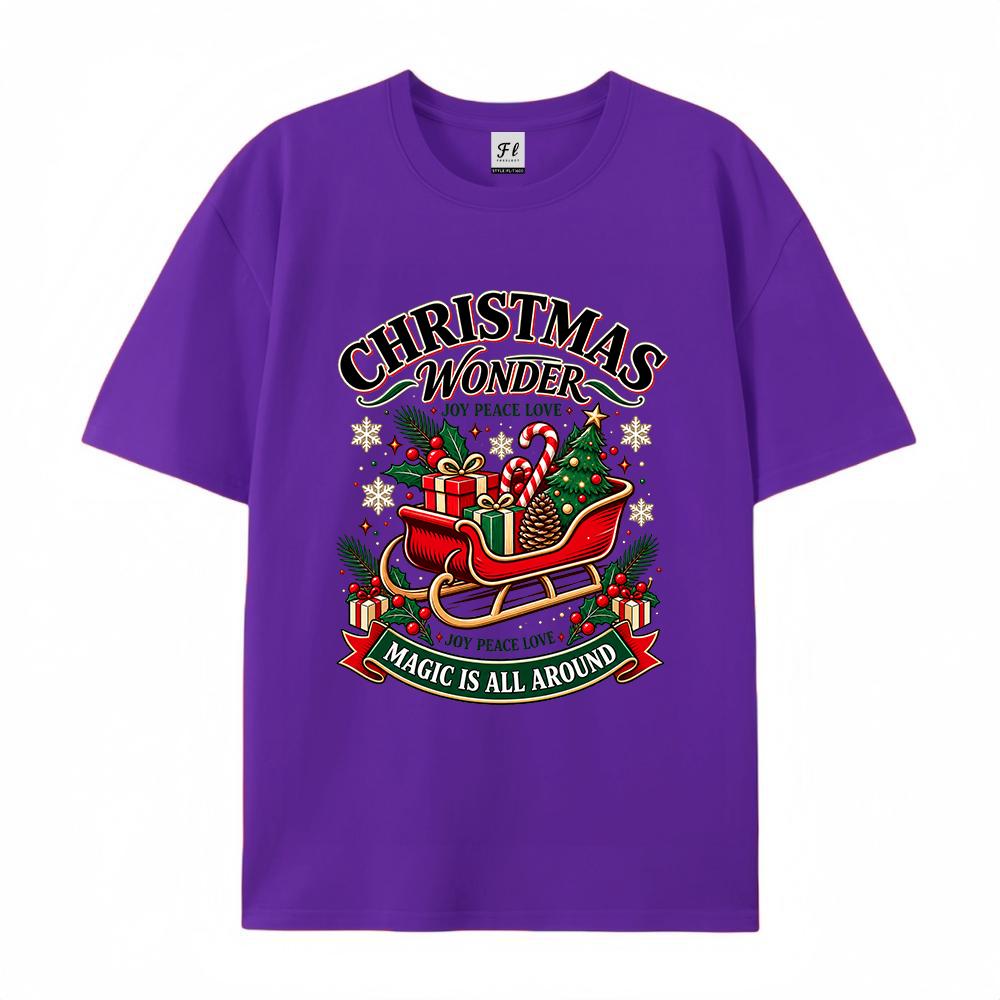 Women's Christmas Wonderland Graphic T Shirt Santa Sleigh Tree Gift Print Casual Short Sleeve Crew Neck Holiday Tee