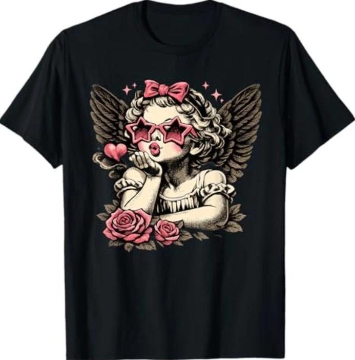 Retro Valentine Day Cute Vintage Cupid Blowing Kiss Star T-Shirt 2XL