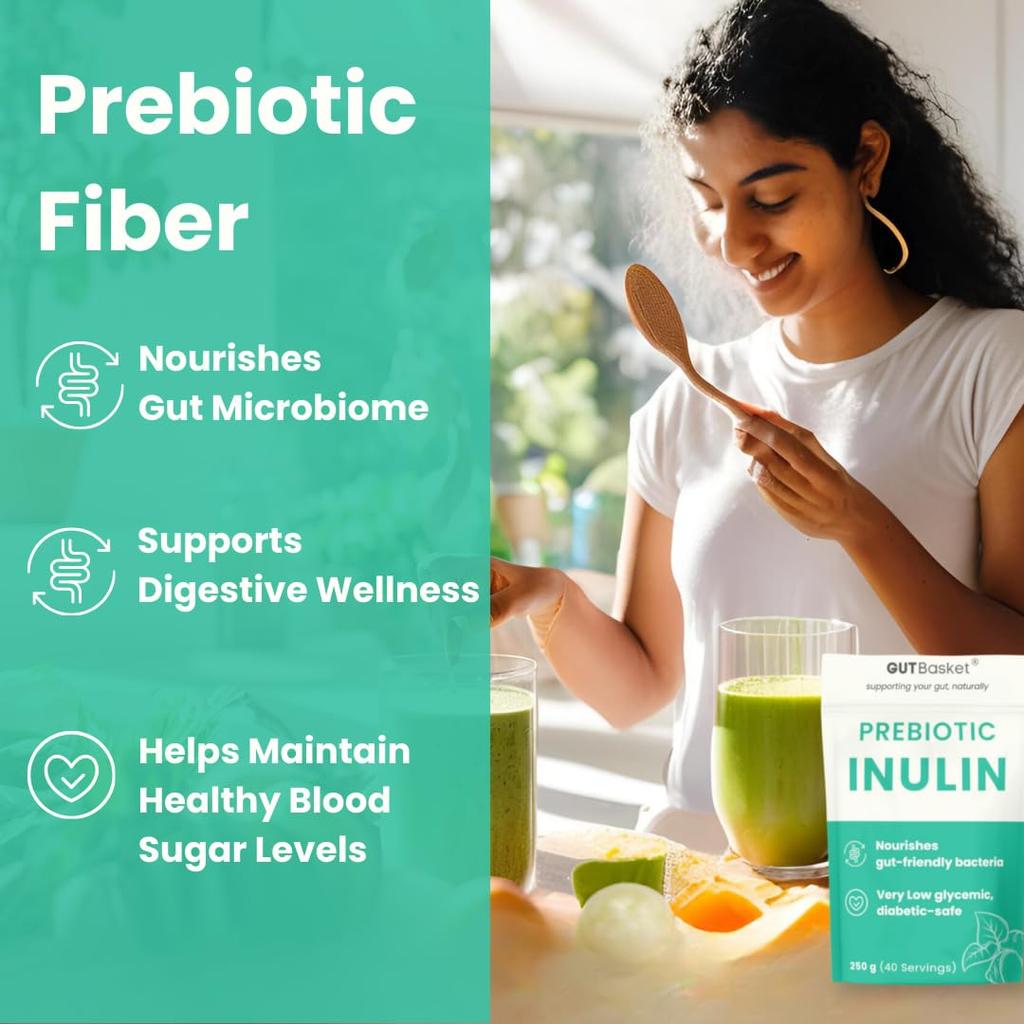 Gutbasket Pure Inulin Powder (250g) - Prebiotic Fiber for Gut Health & Digestive Wellness - Vegan, Non-GMO, Gluten-Free - Ideal for Smoothies, Co