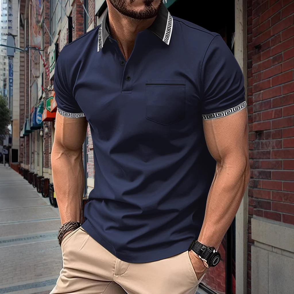 Summer Men New Short Sleeve Spell Color Polo Shirt Men Business Casual Lapel Golf Polo Shirt Tops 100% Polyester
