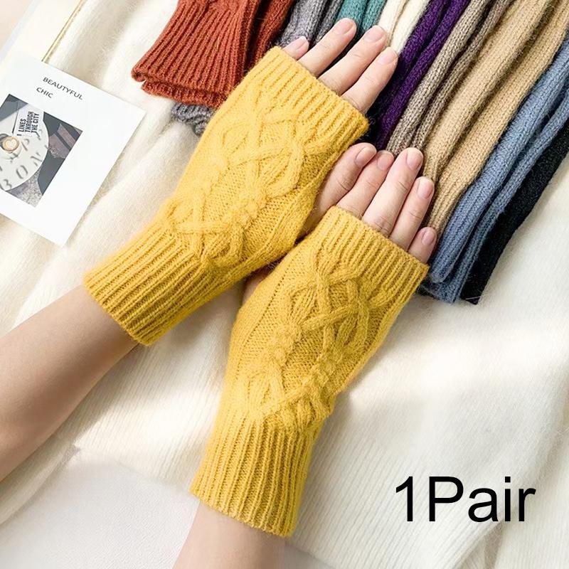 1Pair Women Winter Warm Gloves Soft Fingerless Long Polyester Solid Color Warmer Mittens