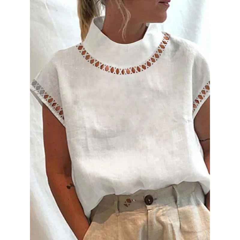 Women's Solid Color Hollow Top Casual Turtleneck Breathable Shirt
