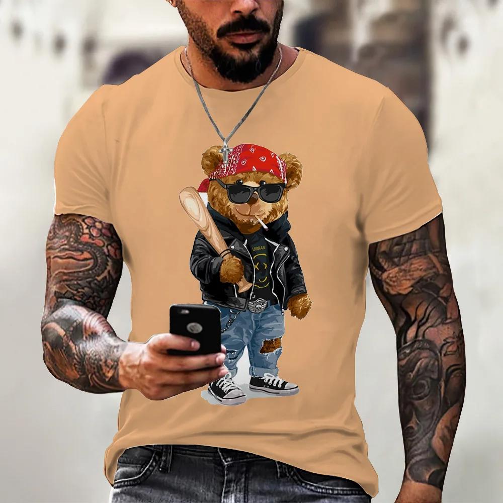 Camiseta casual masculina de verão com estampa fofa de ursinho de pelúcia, gola redonda, confortável e respirável, top casual urbano para atividades ao ar livre