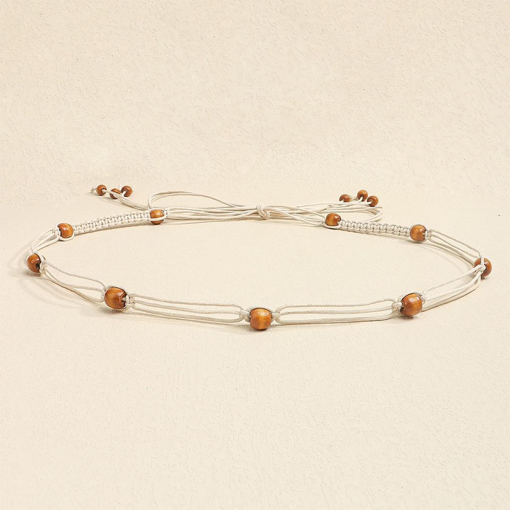 Bohemian Braided Waist Belt Decorative Waist Chain for Women Adjustable Cotton Thread Belt with Wood Beads