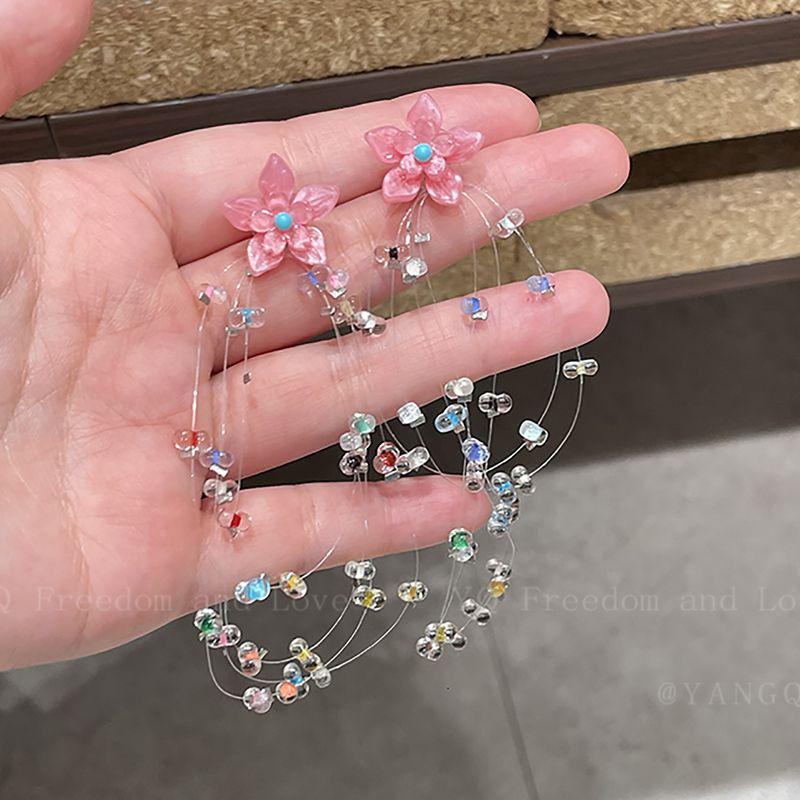 

Dopamine Color Flower Tassel Stud Earrings for Women Exaggerated Temperamental Vacation Style Earrings Niche Style Unique Summer Ear Rings Flower fishing line tassel stud earrings