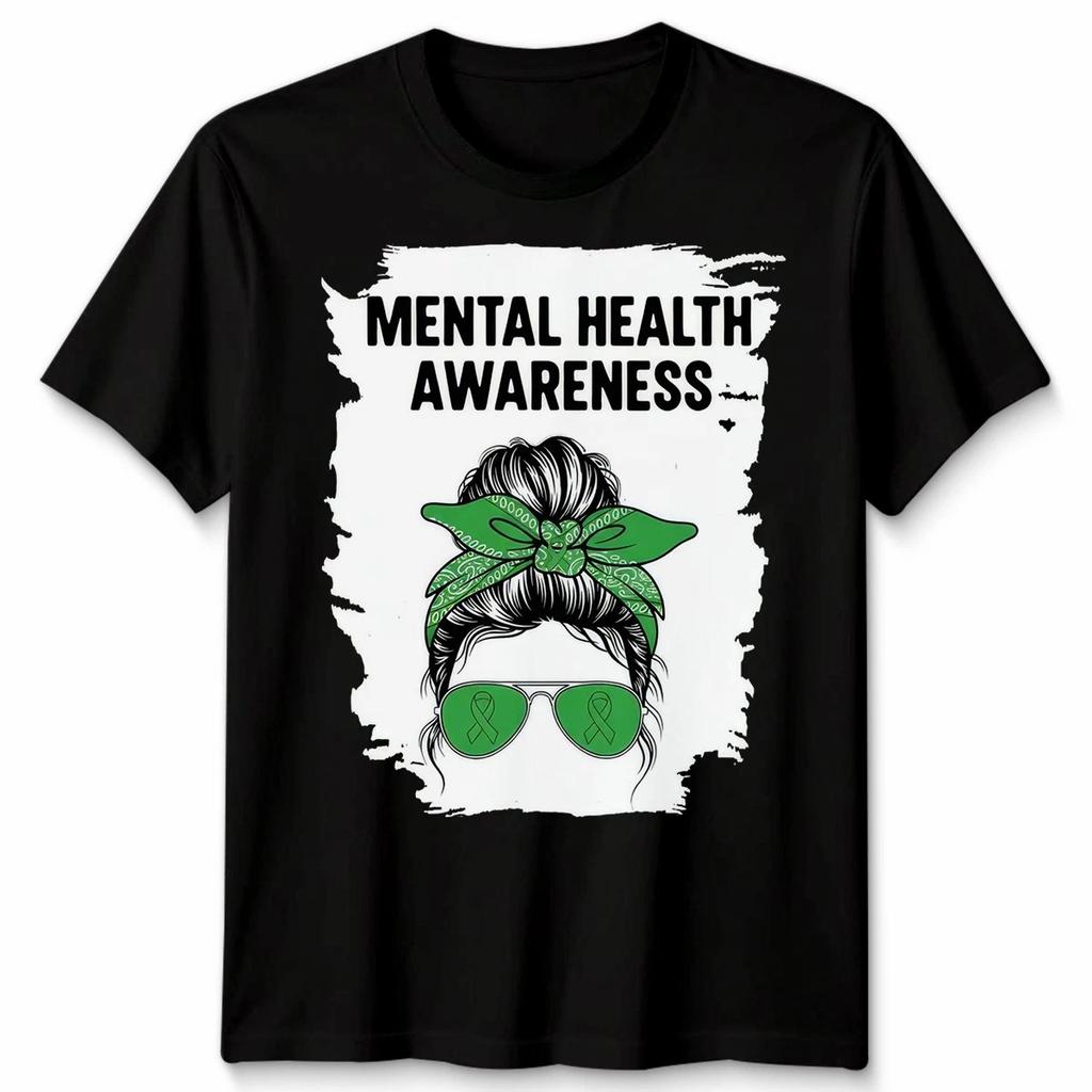 Unisex Messy Bun Mental Health Matters Awareness Green Ribbon TShirt