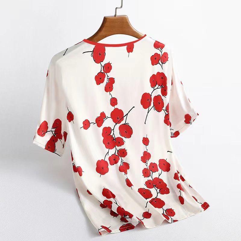 Dámské tričko s krátkým rukávem z ledového hedvábí s temperamentem, nadměrná velikost, základní košile a top s kulatým výstřihem