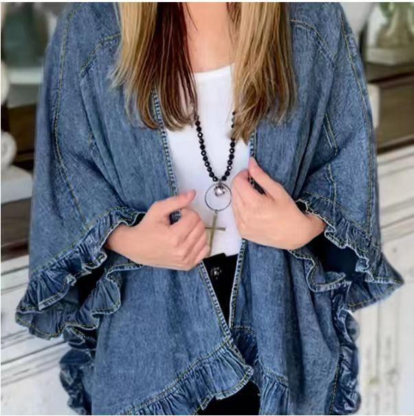Giacca di Jeans Europea Autunnale con Volant - Cardigan a Sciarpa Versatile a Manica Media da Donna