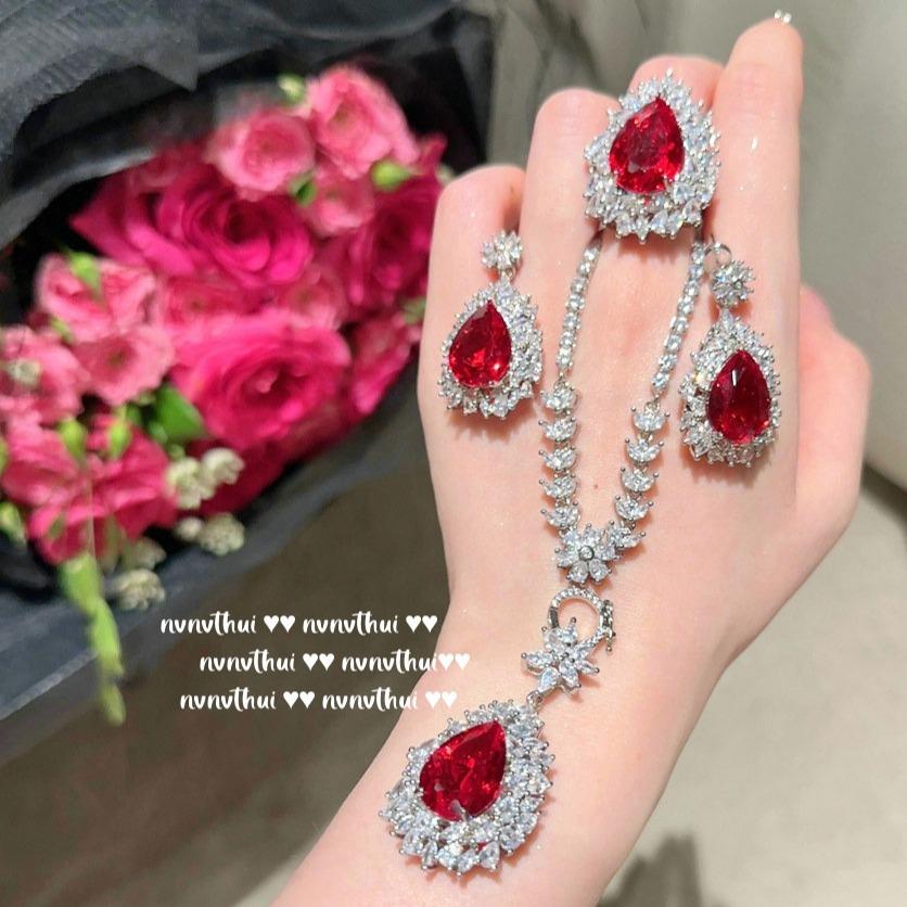 Gema Vermelha Sangue de Pombo de Mogok em Forma de Gota d'Água, Colar, Antigo, Banhado a Ouro 18K, Flor Magenta Zircônia para Senhora, Brincos