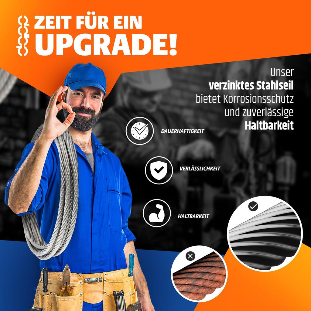 DQ-PP STAHLSEIL - Konstruktion: 1x19 - Durchmesser: 2mm - Länge: 100m - galvanisch verzinktes Drahtseil - Forstseil - Windenseil - Spannseil