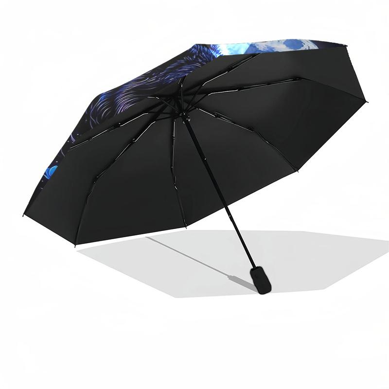 Blue Moon Wolf Floral Design Automatic Opening/Closing Umbrella with Foldable Design, Iron Frame, Outdoor Use, Festival Gift for Fans, Trave