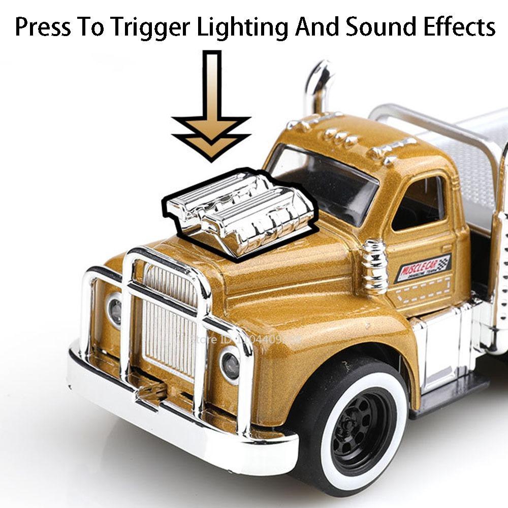 Scale 1:60 American Muscle Trailer Model Toy Car Sound Light Alloy Diecast Pull Back Flatcar Models Birthday Gifts for Kids