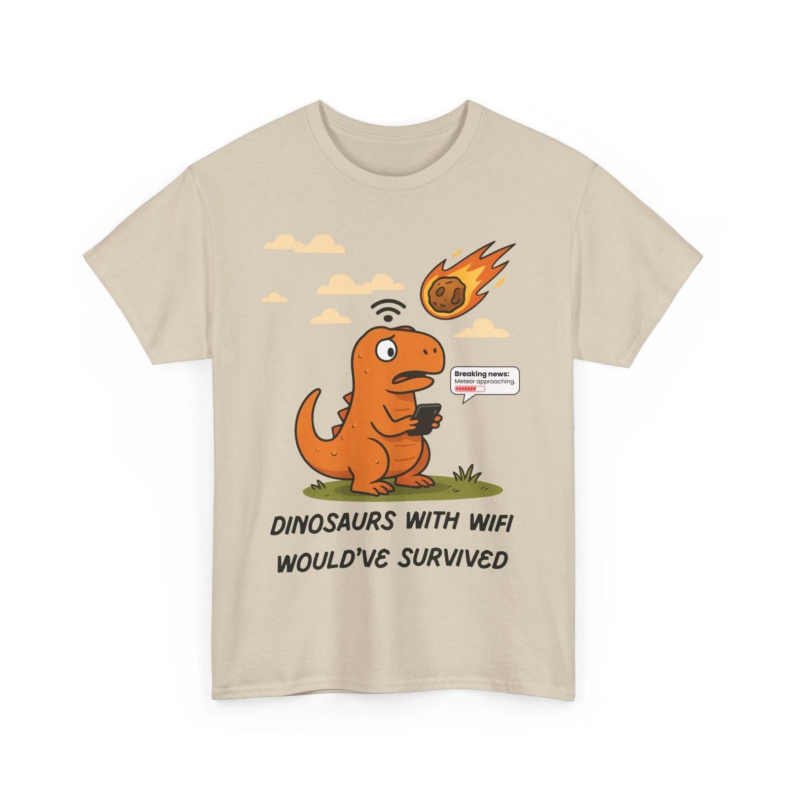 

Kawaii Dinosaur Wi-Fi Meteor Warning Funny T shirt – Cute Prehistoric Meme Tee L