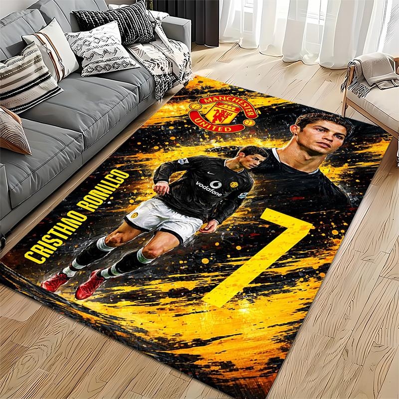 Sports Area Rug, Cristiano Ronaldo Manchester United Black Vodafone Number 7 Oil Paint Yellow Splash Print, Fan Decor, Non-Slip Mat