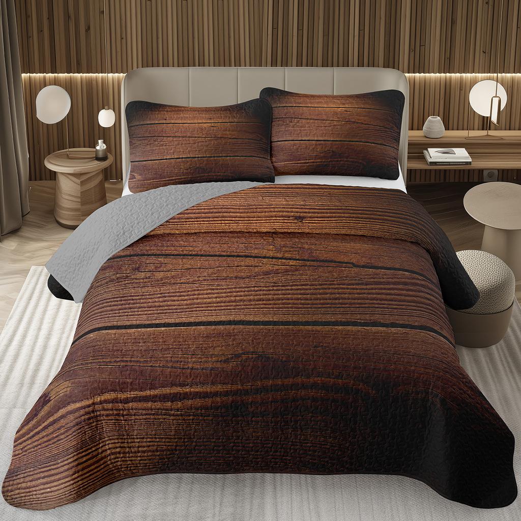 Wood Barn Door Bedspread Queen/Twin Wood Grain Quilted Coverlet Retro Rustic Farmhouse Bedding Set Reversible Grey Quilt Set