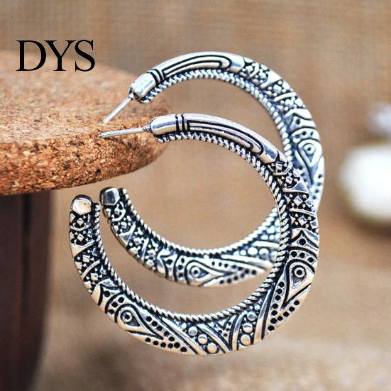 Vintage Big Circle Tibetan Carving Hoop Earrings Women Statement Jewelry Gift