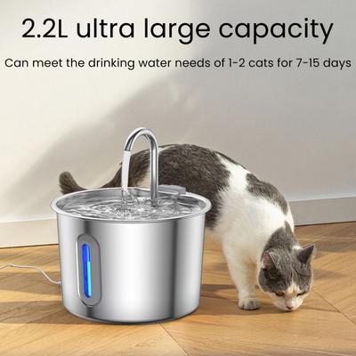 Dog Water Fountain 2.2L Stainless Steel Quiet Pet Fountain with Quadruple Filtration System Purification Fountain with Visual Water Level