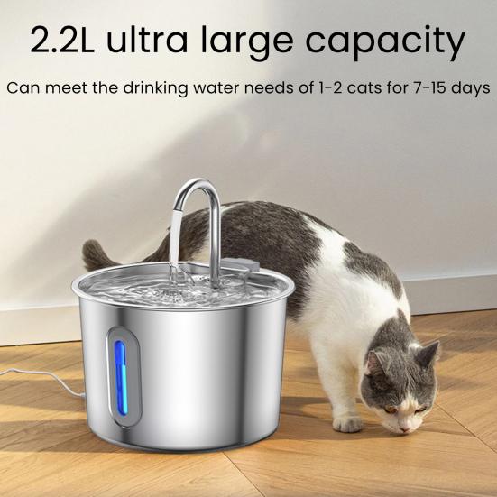 Dog Water Fountain 2.2L Stainless Steel Quiet Pet Fountain with Quadruple Filtration System Purification Fountain with Visual Water Level for