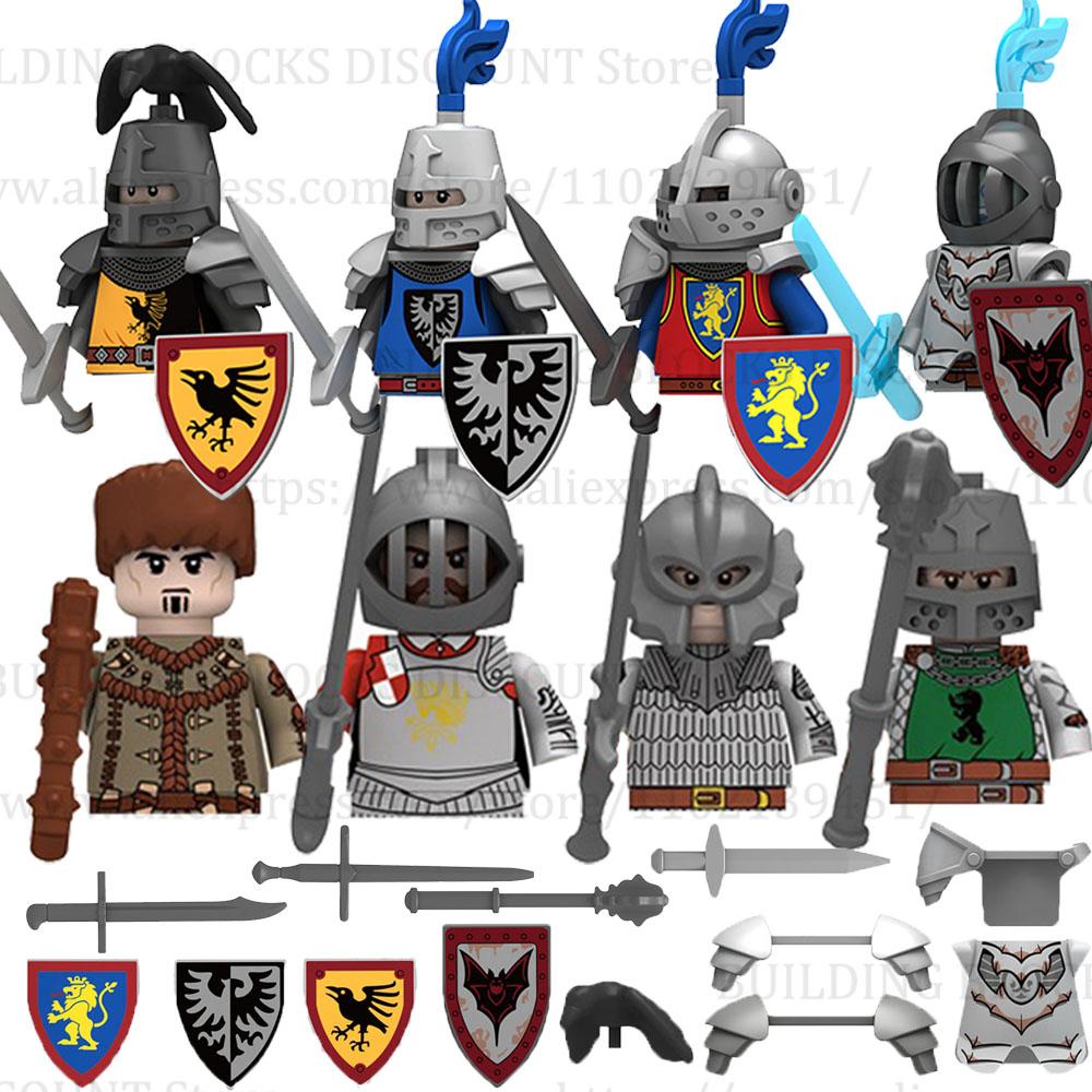 MOC Mittelalterliche Burg Rabe Schwarzer Falke Ritter Figuren Bausteine Infanterie Kriegswaffe Soldat Schild Schwert Rüstung Kinderspielzeug B143
