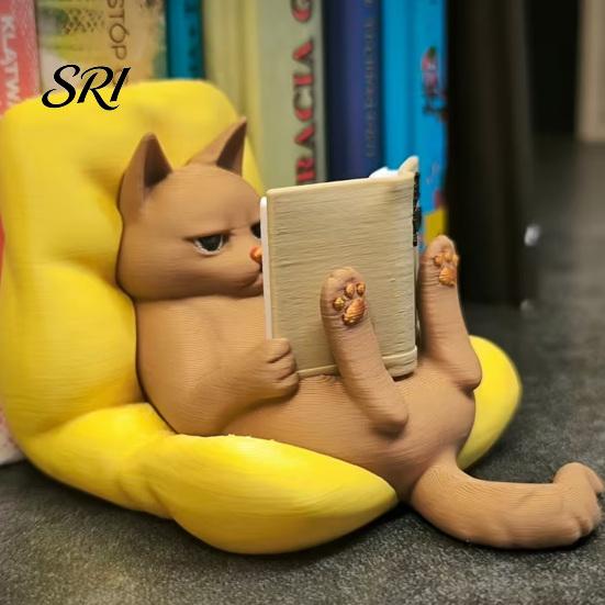 Home Decor Cat Reading Figurine 3D Printed Cute Lying Book Statue Detailed Model for Office Bookshelf Desktop Gifts Lovers Wear-resistant Ornament