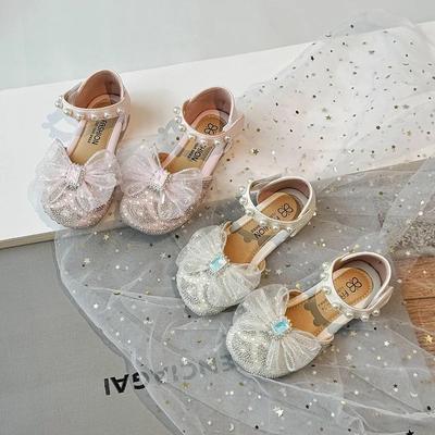 Girls' Sweet Crystal Princess Shoes for Party Wedding Show 2024 Summer New Pearl Mesh Bow Performance Shoes Elegant Temperament
