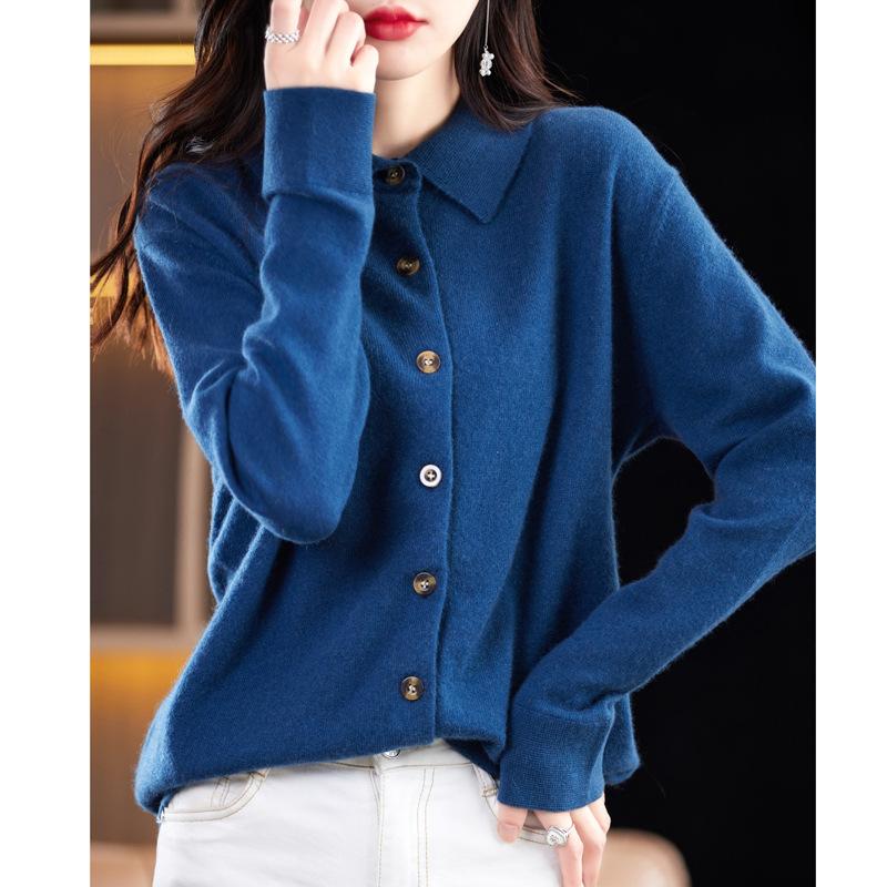 Women's POLO Neck Sweaters Fashion Cardigans Casual Solid Color Print Autumn Winter Long Sleeve