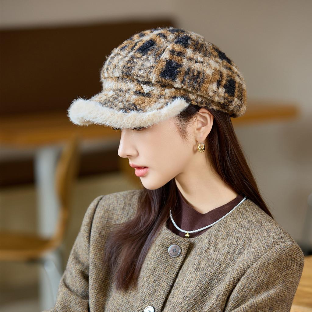 Wool Plaid Beret Hat For Women Winter Fashion Chic Warmth