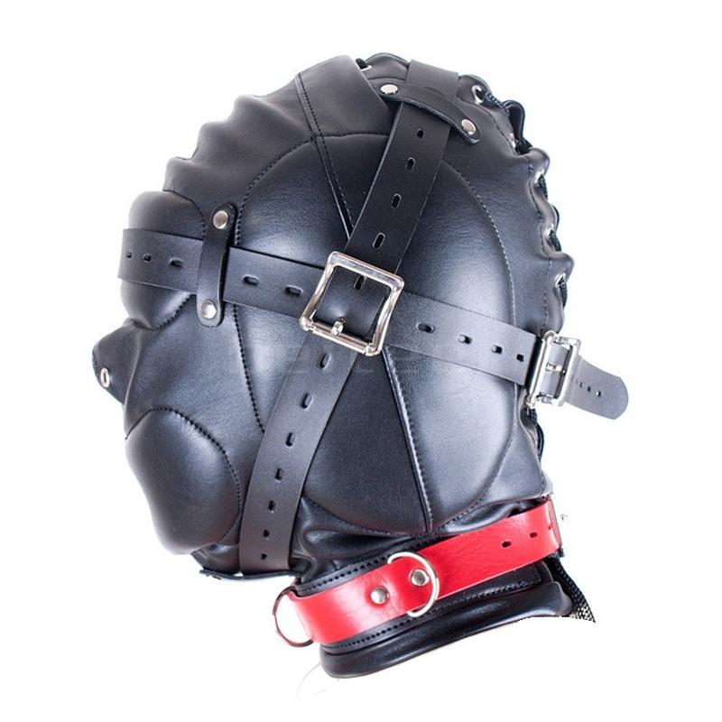 Skórzany kaptur do deprywacji sensorycznej dla dorosłych SM Flirtujące gry Maska bondage na całą głowę Kaptur seks niewolnika z kneblami Zabawki seks niewolnika