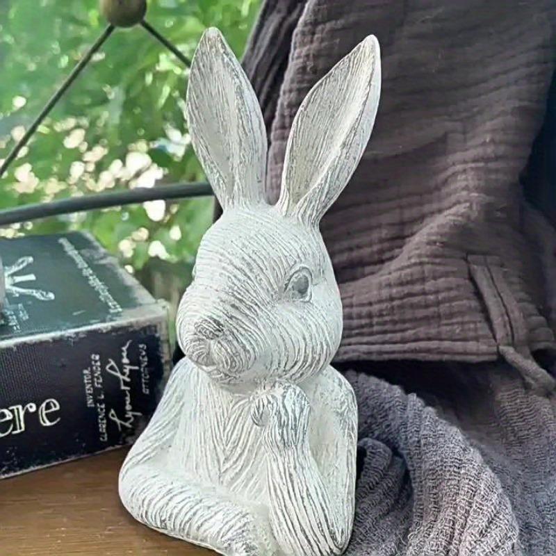 2pcs Rustic Wood Grain Finish Bust Rabbit Resin Statues, Farmhouse Decorative Animal Sculptures For Garden And Balcony