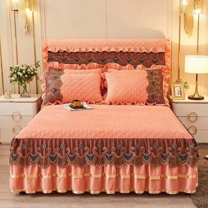 Luxury Lace Embroidery Bed Sheet Thick Velvet Quilted Bed Skirt Queen Size Warm Soft Plush Bedspread  Not Included Pillowcase