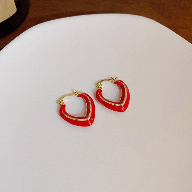 Simple Fashion Blue Red Green Brown Color Heart Metallic Earrings For Women  New Korean Style Brincos Jewelry Wholesale