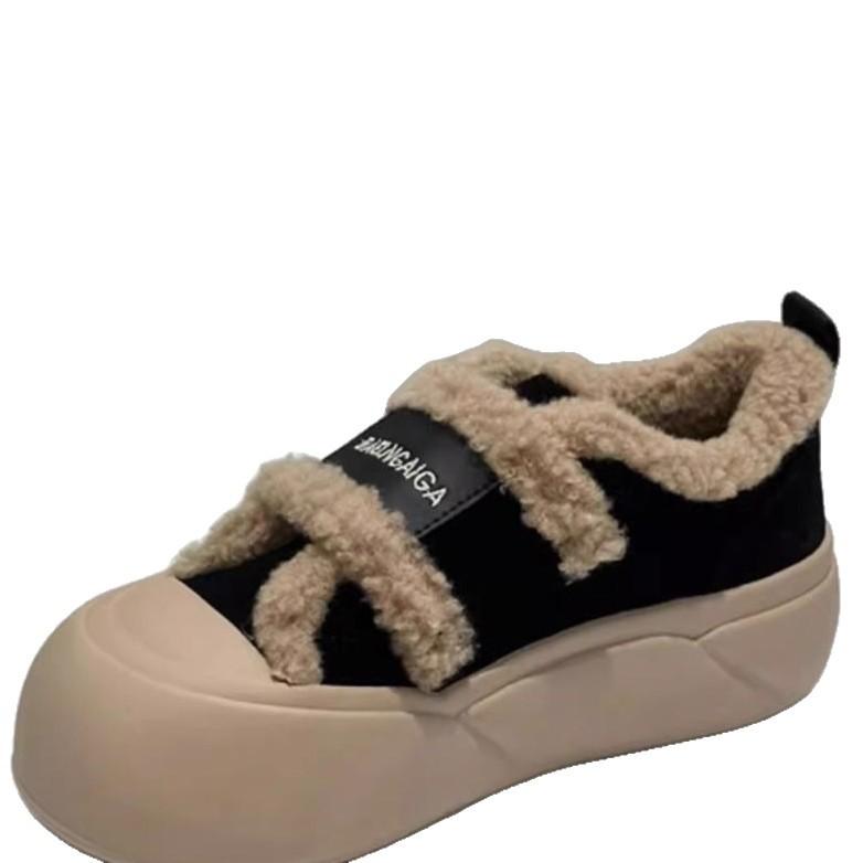 Muffin Sole Velcro Cotton Shoes Women's Winter Velvet Thickened 2025 Winter New One-pedal Loafers Bread Shoes Tide