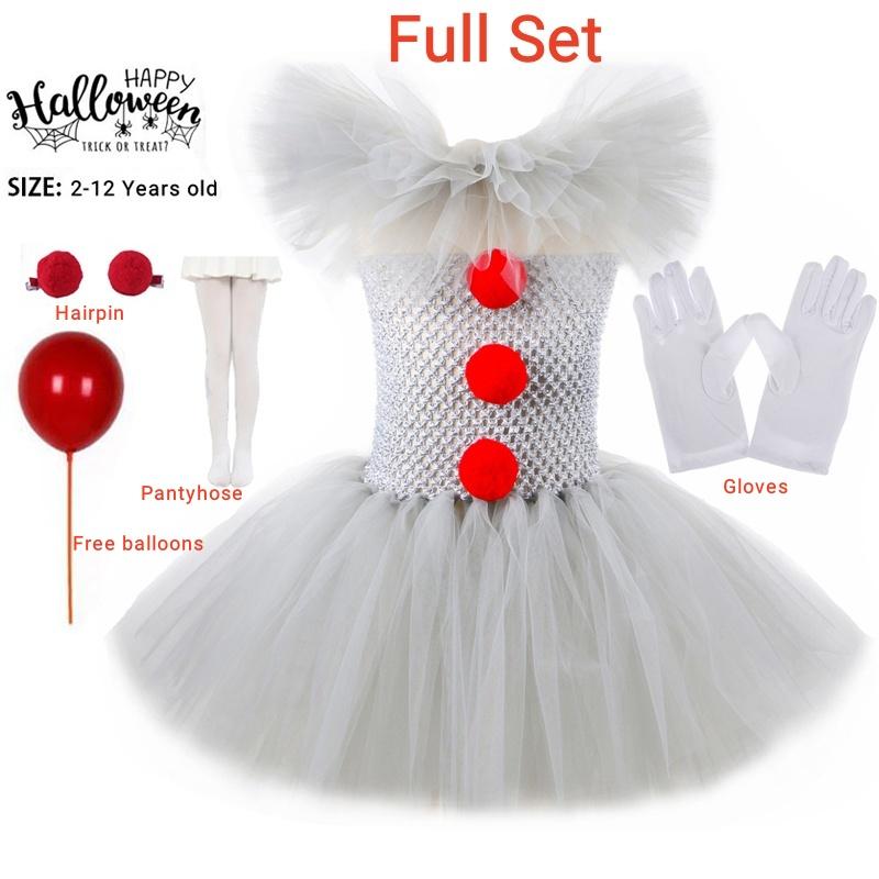 Halloween Gray Joker Girls Costume Tutu Dress Creepy Clown Carnival Party Cosplay Clothing Tulle Fancy Dress