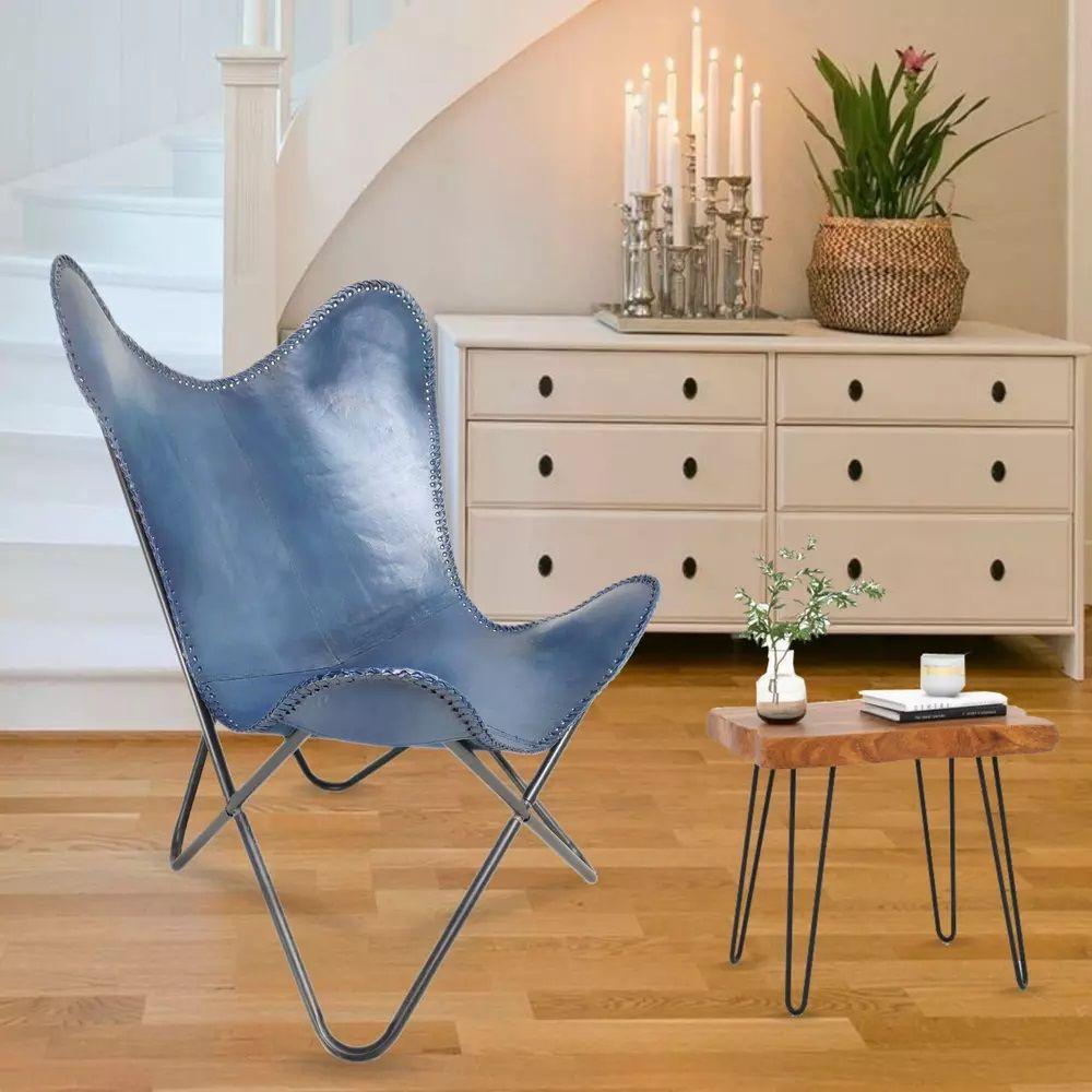 

Handmade Lounge Accent Sleeper Seat Genuine Buff Leather Butterfly Chair Blue
