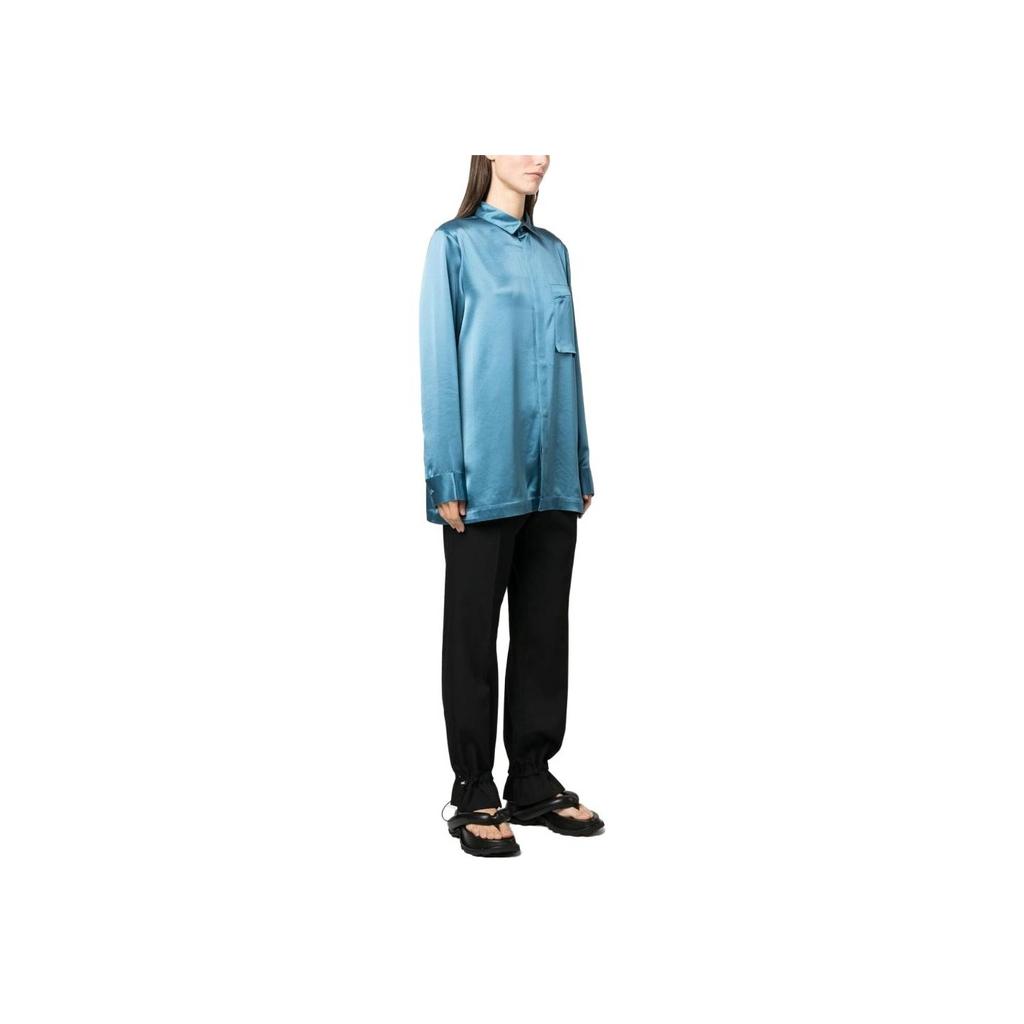 Y-3 SS23 Solid Satin Zip Pocket Long Sleeve Shirt Women shirts Blue IA1445