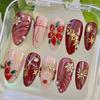 Handmade Christmas Rhinestone Nails with 3D Flowers, Gold Snowflakes & Bowknot Decor - Almond Shape False Nail Art