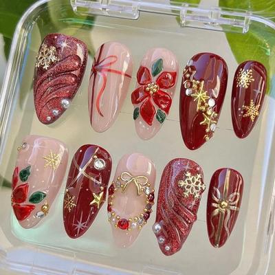 Handmade Christmas Rhinestone Nails with 3D Flowers, Gold Snowflakes & Bowknot Decor - Almond Shape False Nail Art