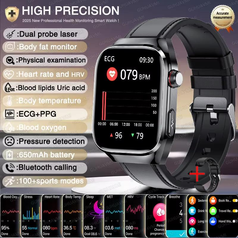 2025 New High-end Laser Detection Health HD Smart Watch Men ECG+PPG Precise BP Fat Uric Acid Call Sports Pulse Tracking Watche