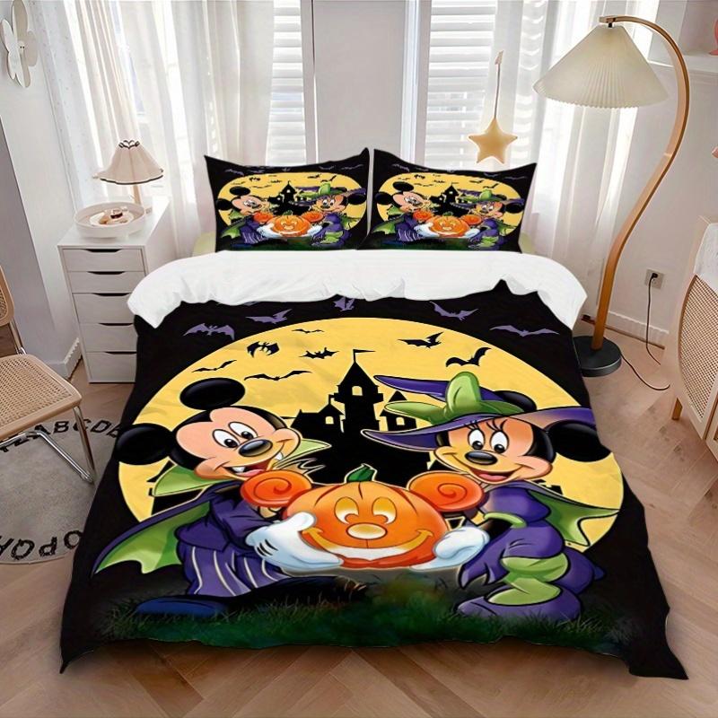 3pcs Minnie Mickey & Halloween Pumpkin Bedding Set, Including 1 Quilt Cover and 2 Pillow Shams, Without Filling, Soft and Comfortable Home Bedroo
