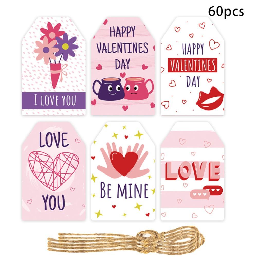 60pcs 6 Styles Valentines Day Gift Tags with String DIY Gift Packaging Labeling Romantic Hanging Party Labels Home Decor