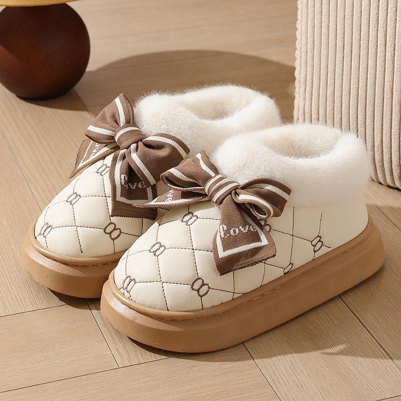 High-heeled cotton slippers, thick-bottomed bag and indoor household fashion versatile bow PU slippers, thickened and warm in winter