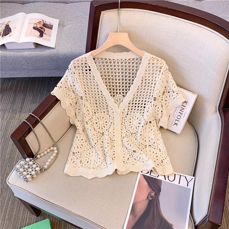 Vintage V Neck Handmade Crochet Knit Cardigan Women Summer Fashion Hollow Out Design Casual Versatile Loose Slimming Blouse