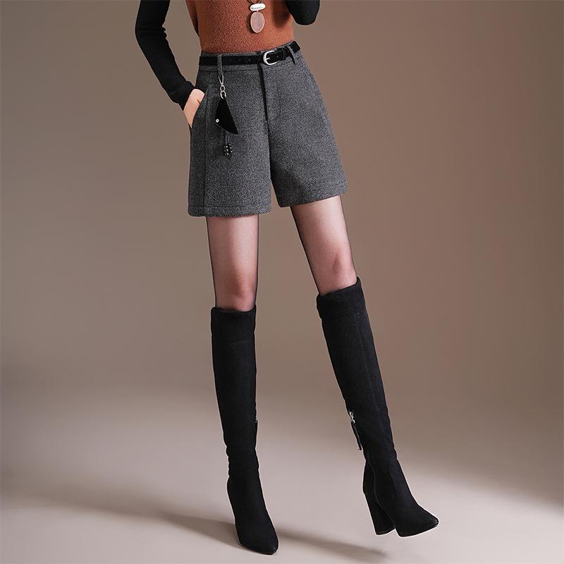 Women's Gray-Black Woolen Bootcut Shorts - Fashionable Autumn/Winter 2025