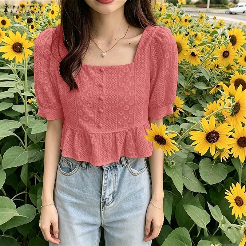 ZANZEA Women Square Collar Summer Embroidery Casual Short Sleeve Blouse